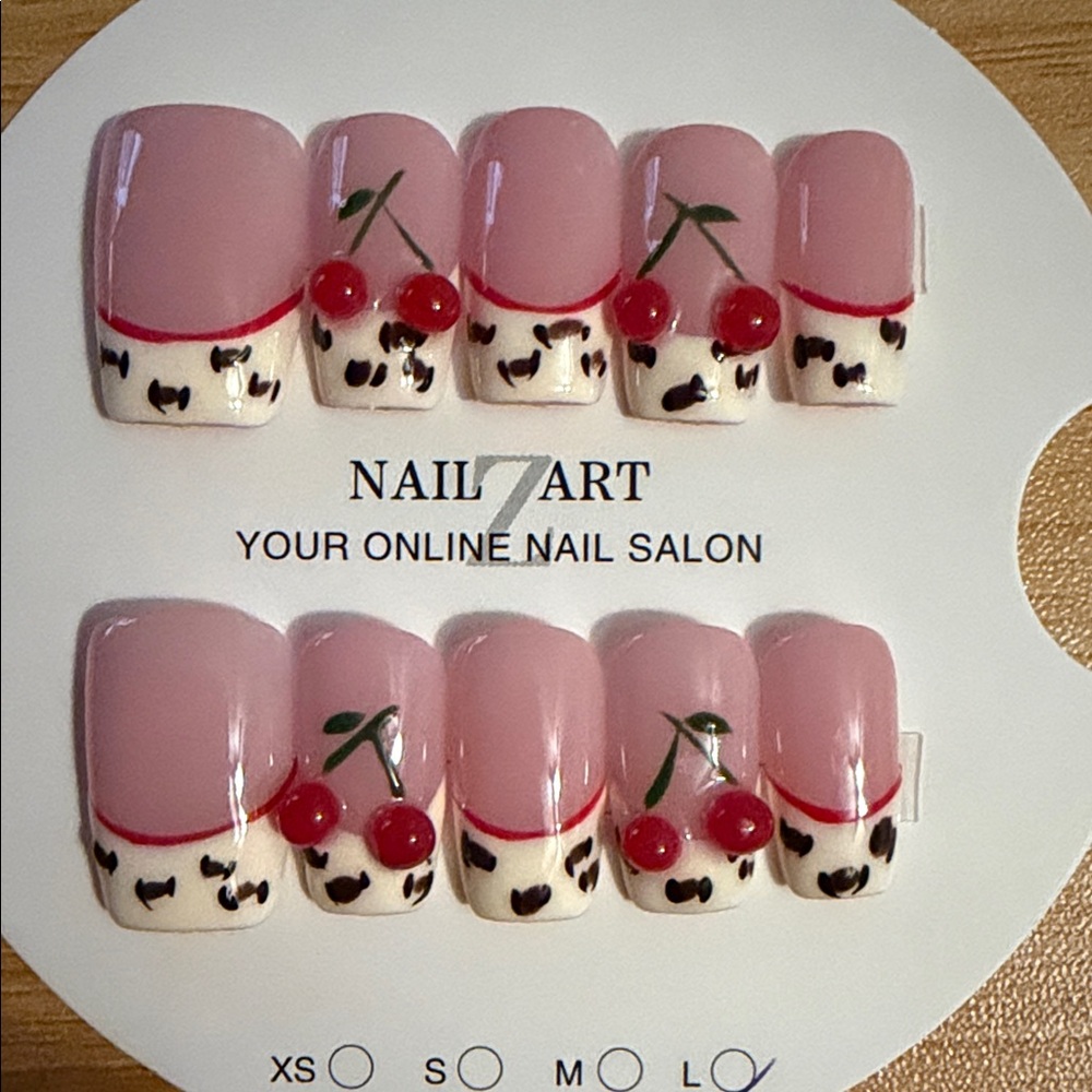 Cherry French Tip handmade Press-On Nails with leopard print accent